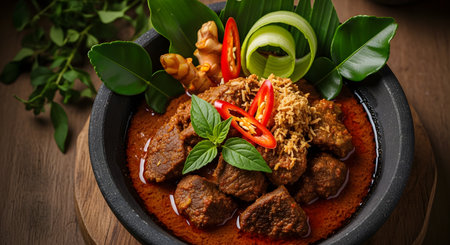 A bowl of authentic Beef Rendang, a traditional Indonesian dish, features tender meat chunks in a rich, dry curry sauce. The dish is garnished with chili slices, basil leaves, and fried shallots, presented in a dark stone bowl on a wooden surface.の素材