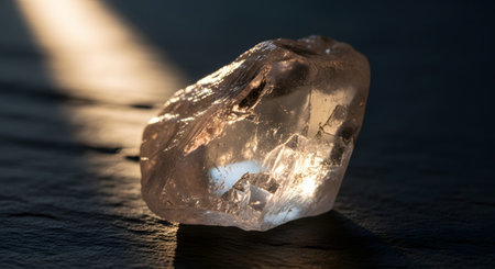 A macro shot of a raw, uncut diamond or quartz crystal resting on a textured dark surface. A beam of light illuminates the translucent stone, highlighting its internal fractures and natural beauty.の素材