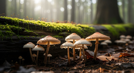 A cluster of delicate mushrooms grows on a mossy log in a sunlit forest. The low-angle shot captures the magical atmosphere with light filtering through the trees and illuminating the forest floor.の素材