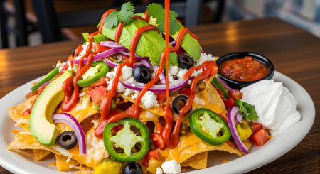 A large plate of loaded nachos topped with melted cheese, jalapenos, onions, olives, and a large scoop of sour cream, with red sauce being poured over the avocado. This appetizing Mexican dish is ready to be served.の素材