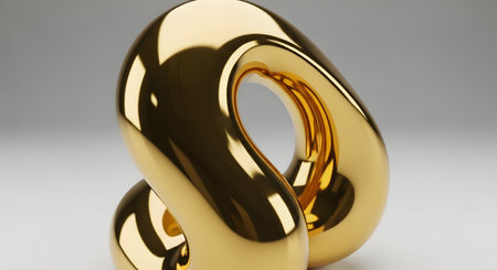 A shiny, golden abstract 3D shape resembling a twisted continuous loop or knot sits on a white background. The smooth, reflective metal surface highlights modern geometric design and luxury concepts.の素材