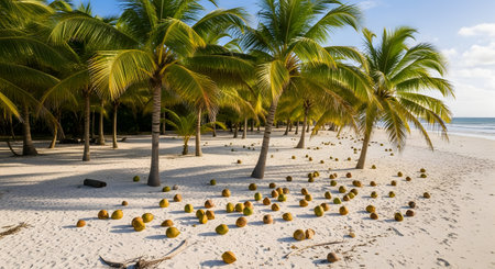 A beautiful tropical beach scene featuring a grove of coconut palm trees casting long shadows on the white sand. Numerous fallen coconuts are scattered across the ground near the turquoise ocean, creating a deserted island paradise atmosphere.の素材