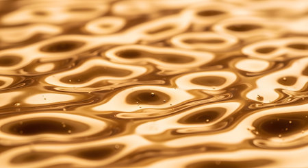 An abstract macro shot of golden liquid ripples, creating a luxurious and metallic texture with high contrast highlights. The fluid motion and shiny surface evoke themes of wealth, elegance, and premium quality.の素材