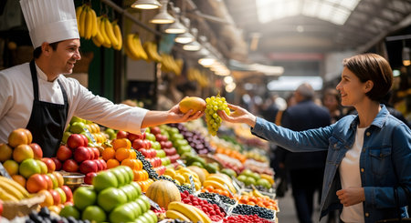 A friendly chef in a white uniform handing a bunch of green grapes to a smiling female customer at a bustling fruit market. The stall is filled with colorful fresh produce, depicting a lively shopping atmosphere.の素材
