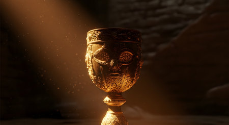 An ancient golden chalice decorated with a mysterious mask design, illuminated by a beam of light in a dark setting. The artifact exudes a sense of history, fantasy, and hidden treasure.の素材