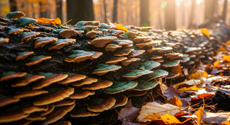Close-up of turkey tail mushrooms growing in layered shelves on a decaying log in the forest. The scene is lit by warm sunlight, with fallen autumn leaves scattered around, highlighting the texture of the fungi and wood.の素材