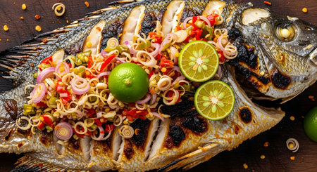 A delicious whole grilled fish topped with fresh Sambal Matah, a traditional Balinese condiment made of shallots, chilies, and lemongrass. The dish is garnished with lime slices, representing authentic Indonesian cuisine.の素材