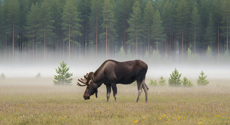 A large bull moose grazes in a flower-filled meadow shrouded in low-lying mist with a dense pine forest in the background. The moody atmosphere captures the serenity of the northern wilderness in the early morning.の素材