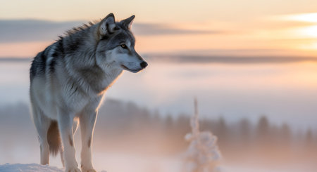 A magnificent grey wolf stands alert on a snowy ridge, bathed in the soft, warm light of a setting sun. The backdrop features a misty winter landscape with a gradient sky, emphasizing the wild beauty of the animal.の素材