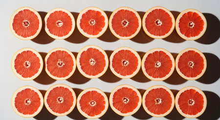 A pop-art style top-down shot of red grapefruit halves arranged in a neat grid pattern on a white background. The harsh lighting creates distinct dark shadows, emphasizing the symmetry and vibrant color of the citrus fruit.の素材