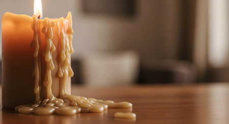 A thick beige candle burns with a soft flame, causing heavy streams of melted wax to drip down its sides onto a wooden table. The warm, dim lighting creates a cozy, quiet, and slightly melancholic atmosphere.の素材