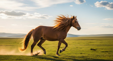 A majestic brown horse galloping freely across a green grassy field under a blue sky with clouds. The horse's mane and tail are flowing in the wind, capturing a moment of speed and freedom.の素材