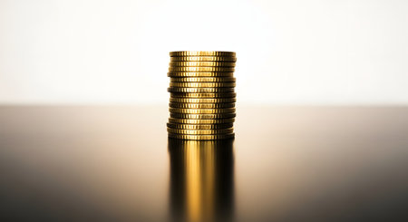 A perfectly balanced stack of gold coins sitting on a dark, reflective table against a plain light background. The image represents savings, economic growth, and financial stability, suitable for banking and investment themes.の素材