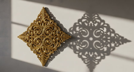 An intricate, diamond-shaped gold wall ornament features swirling floral and scroll patterns. Sunlight casts a sharp, detailed shadow of the design onto the plain white wall behind it.の素材