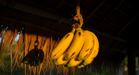 A bunch of ripe yellow bananas hanging by a rope from a thatched roof structure, illuminated by the warm golden light of sunset. The image captures a rustic, tropical atmosphere typical of rural markets.の素材