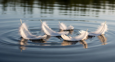 Several delicate white feathers float gently on the calm, rippling surface of blue water. The reflection and soft lighting create a serene and pure image symbolizing lightness and tranquility.の素材