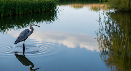 A majestic great blue heron stands perfectly still in the shallow water of a calm pond, surrounded by concentric ripples. The scene is framed by green reeds and features a clear reflection of the bird and sky on the water's surface.の素材