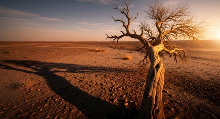 A gnarled, dead tree stands alone in a vast, arid desert landscape under a warm sunset sky. The long shadow cast by the tree emphasizes the solitude and harsh beauty of the dry environment.の素材