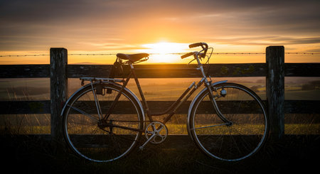 A vintage bicycle leans against a rustic wooden fence in the countryside during a golden sunset. The warm light illuminates the rolling hills in the background, evoking a sense of peaceful travel and rural leisure.の素材