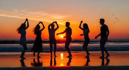 Silhouettes of a happy group of friends dancing and celebrating on a sandy beach against a vibrant orange sunset. The ocean waves gently roll in the background, capturing the spirit of youth, freedom, and summer vacations.の素材