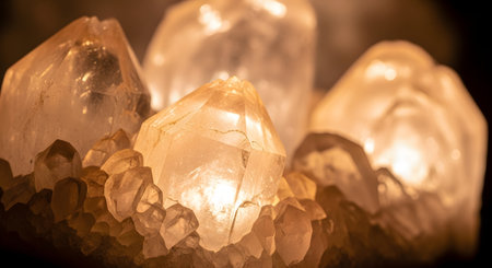 A macro shot of a raw quartz crystal cluster glowing with a warm, internal amber light. The detailed texture and geometric facets of the minerals are highlighted against a dark background, evoking a mystical energy.の素材