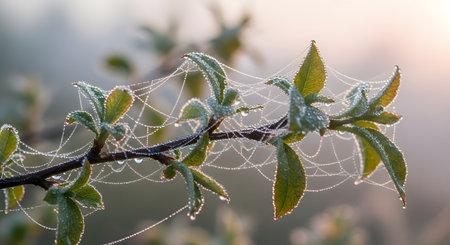 Delicate spiderwebs strung between green leaves are covered in morning dew droplets, glistening in the soft sunrise light. The intricate webs connect the foliage against a blurred, misty background.の素材