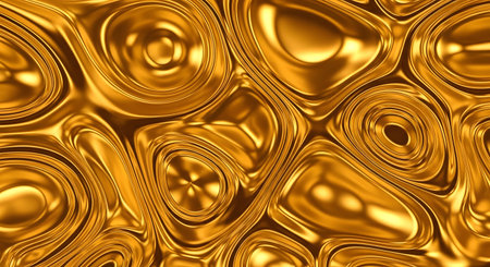 An abstract background featuring swirling, molten gold liquid with a high-gloss metallic finish. The undulating waves and smooth curves create a luxurious, rich, and dynamic visual texture.の素材