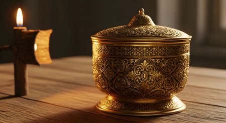 An ornate antique golden container with a lid sits on a wooden table, illuminated by the warm glow of a candle in the background. The intricate floral engravings and luxurious finish suggest a treasure box or ceremonial object.の素材