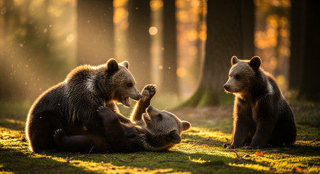 Two adorable brown bear cubs play and wrestle in a sunlit forest clearing, surrounded by trees. Dust motes dance in the golden light as the young animals interact in their natural habitat.の素材