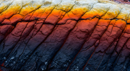 A close-up of a colorful rock formation showing distinct layers of red, orange, yellow, white, and black minerals. The textured surface reveals the geological history and natural erosion patterns of the stone.の素材