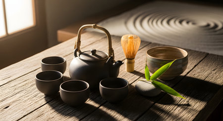 A traditional Japanese tea ceremony set is elegantly arranged on a rustic wooden table, featuring a ceramic teapot, cups, and a bamboo whisk. The background suggests a peaceful Zen garden with raked sand, enhancing the meditative atmosphere.の素材