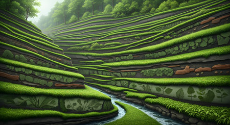 A creative artistic illustration of a terraced landscape where the hills are formed by distinct layers of soil, roots, and lush green plants. The surreal and botanical design emphasizes the richness of the earth and nature's patterns.の素材