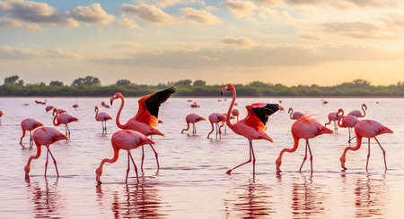 A flock of vibrant pink flamingos wading in a calm lake with reflections on the water surface at sunset. The beautiful birds are captured in their natural habitat against a soft, colorful sky.の素材