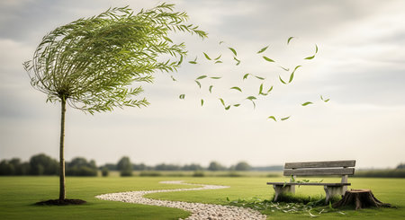 A conceptual image of a green tree bending significantly under a strong wind, with leaves being blown away. The scene takes place in a park with a wooden bench and a winding stone path under a cloudy sky.の素材