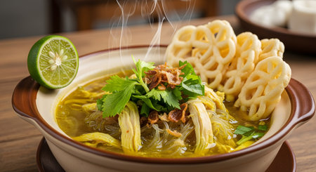 A bowl of Soto Ayam, a traditional Indonesian chicken soup with yellow turmeric broth, glass noodles, and shredded chicken. The dish is garnished with celery and fried shallots, served with lime and white crackers.の素材