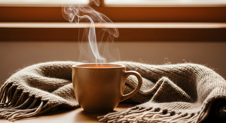 A steaming cup of hot coffee or tea sits on a wooden table next to a soft, brown knitted blanket. The scene is bathed in warm light, evoking a feeling of coziness, comfort, and relaxation during colder weather.の素材