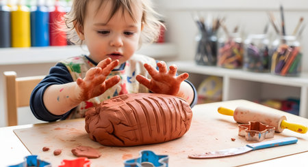 A cute toddler plays with a large lump of terracotta-colored modeling clay at a table, their hands covered in the material. Art supplies like paints, rollers, and cutters are scattered in the background.の素材