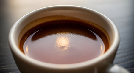A close-up, high-angle view of a white ceramic cup filled with black coffee or espresso. The dark liquid surface reflects a warm light source, highlighting the rich crema and depth of the beverage.の素材