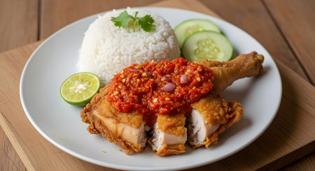 A delicious plate of Indonesian Ayam Penyet featuring crispy fried chicken smothered in spicy red sambal chili paste. It is served with a mound of white rice, cucumber slices, and lime on a white plate, set on a wooden table.の素材