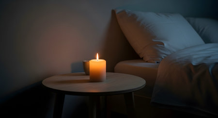 A single white candle burns on a small wooden bedside table in a dimly lit bedroom. The soft glow of the flame creates a calm, romantic, or peaceful atmosphere next to the pillows and bedding.の素材