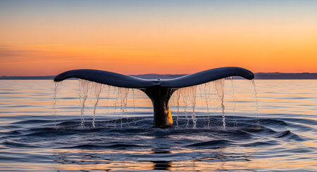 The silhouette of a whale's tail diving into the calm ocean water against a backdrop of a vibrant orange sunset. The scene captures the majesty of marine life and the beauty of nature at dusk.の素材