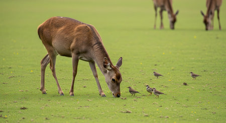 A female deer grazing peacefully on a vibrant green lawn, accompanied by three small birds foraging nearby. In the background, other deer can be seen, creating a harmonious scene of wildlife interaction in a park setting.の素材