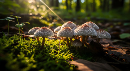 A magical macro shot of small mushrooms growing in green moss on the forest floor, covered in sparkling morning dew drops. Sunbeams filter through the trees, backlighting the fungi and creating a dreamy, fairytale atmosphere.の素材