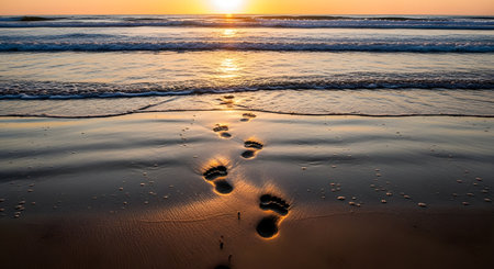 A trail of footprints in the wet sand leads towards the ocean waves during a beautiful golden sunset. The low-angle shot captures the texture of the sand and the peaceful atmosphere of a walk on the beach.の素材