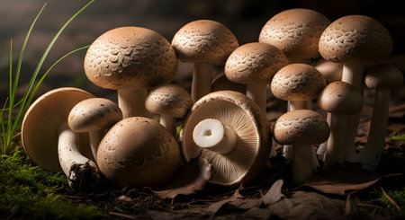 A close-up group of brown-capped mushrooms growing in the mossy soil of a forest floor. The lighting highlights the texture of the caps and gills, capturing the natural beauty of wild fungi in their habitat.の素材