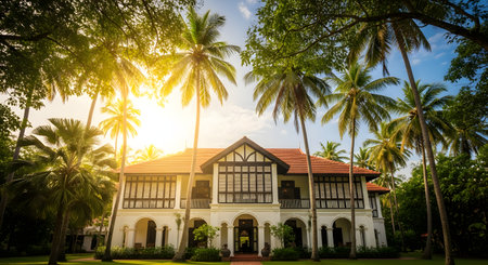 A majestic white colonial-style mansion is set within a lush garden filled with tall palm trees. The bright sunlight filters through the tropical foliage, casting shadows on the grand architecture and manicured lawn.の素材
