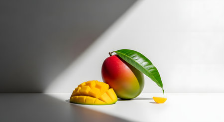 A studio shot of a ripe mango with a gradient of red, orange, and green skin next to a diced mango half. The fruit is placed on a clean white surface with dramatic shadows, highlighting its freshness and vibrant colors.の素材