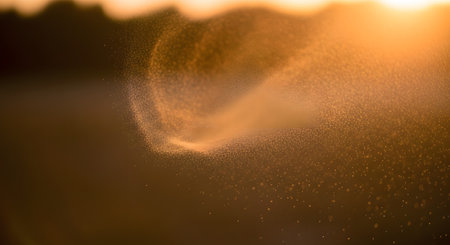 An abstract view of dust particles or tiny insects swirling in a beam of intense golden sunlight. The backlight creates a magical, ethereal atmosphere against a dark, blurred background.の素材