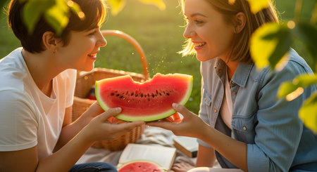 Two happy young women sitting on a picnic blanket in a sunlit park, smiling while holding a slice of fresh red watermelon together. The scene embodies friendship, summer joy, and healthy outdoor living.の素材