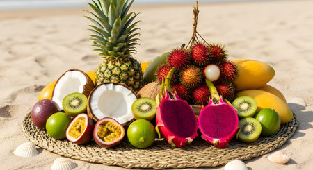 A colorful assortment of fresh tropical fruits including pineapple, dragon fruit, and mango arranged on a woven mat on a sandy beach. The sunny background highlights the vibrant colors and summer vacation vibe of the healthy harvest.の素材